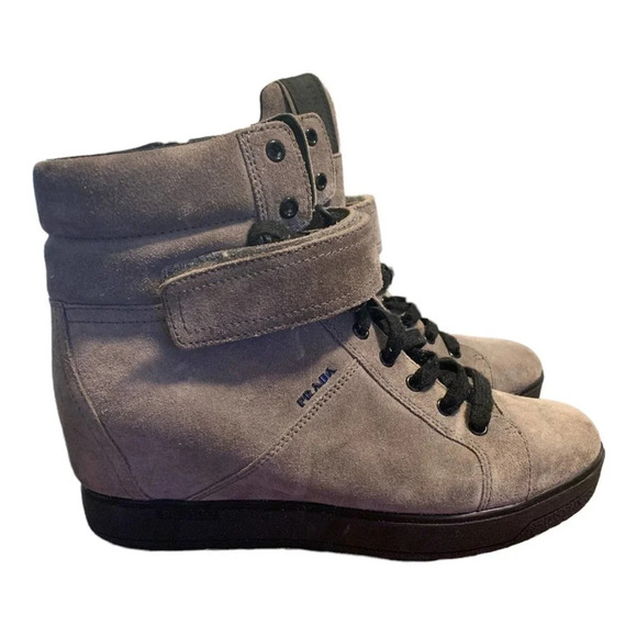 Prada Grey combat Wedge sneaker size 39.5 authentic - Picture 2 of 11